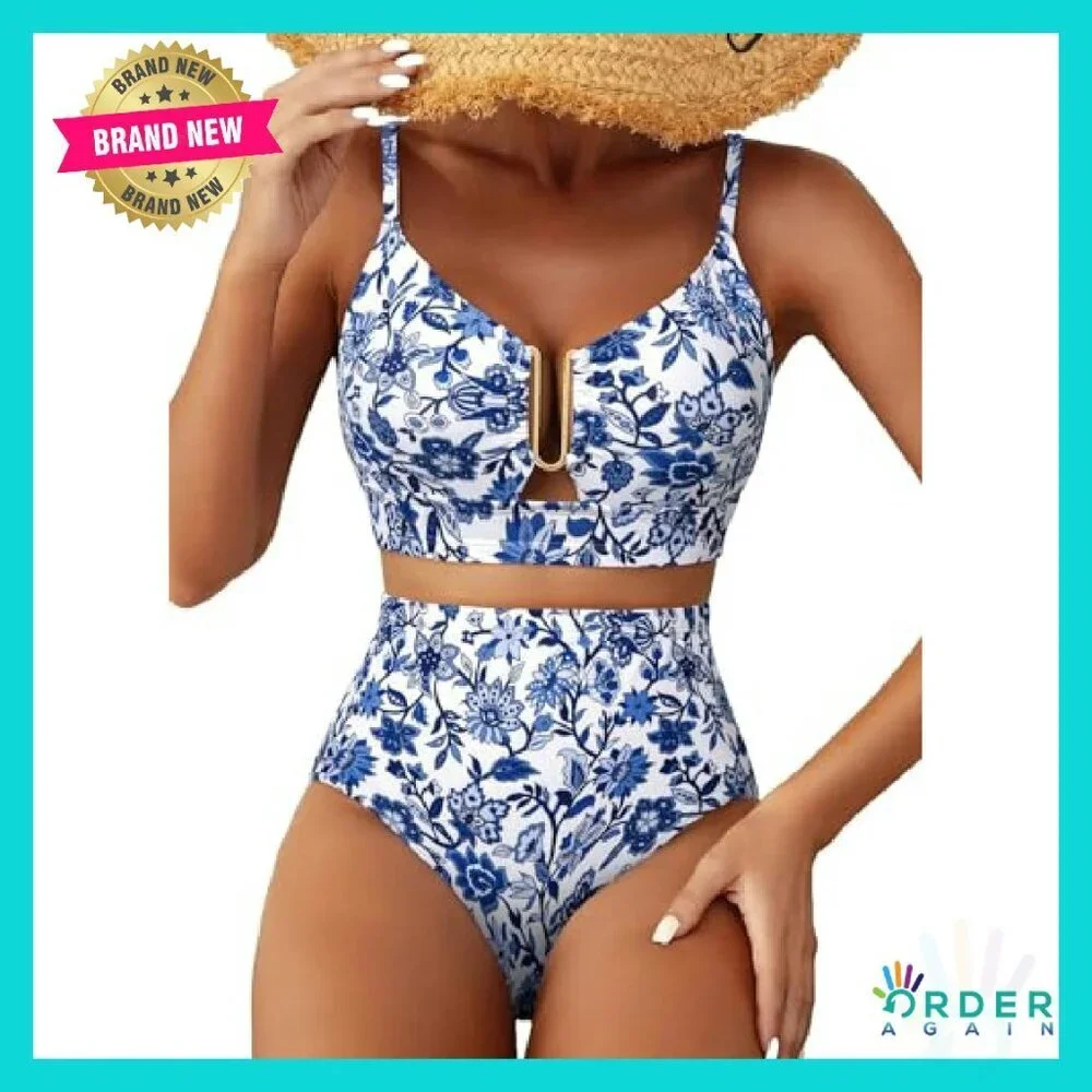 High Waisted U Wire Bikini Set Floral Print Crisscross Back Swimsuit Beachwear